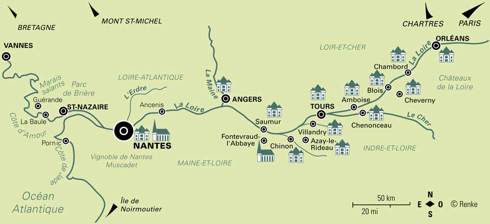 Carte des châteaux de la Loire, illustration vectorielle pour une guide-interprète en région ligérienne